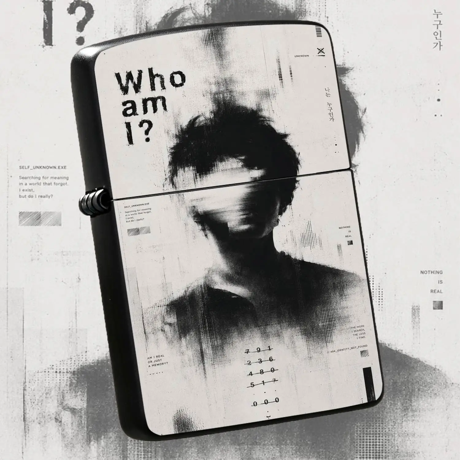 Trendy Who Am I Themed Portable Lighter, Distorted Blurred Figure Art Print, Aesthetic Philosophical Daily Carry Item, Sleek Practical Accessory For Casual Use, Thoughtful Unique Gift For Any Occasion, High Texture Cool Stylish Must-Have Fo