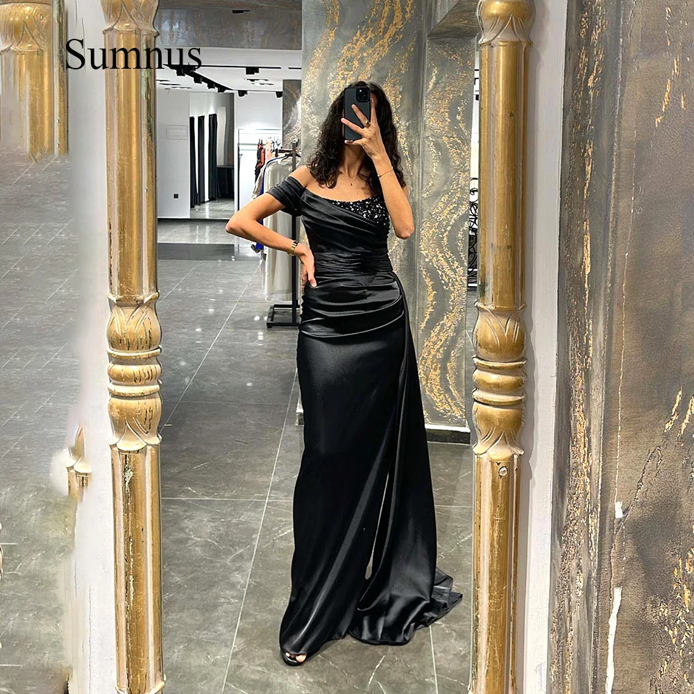 

Sumnus Black Mermaid One Shoulder Evening Dresses Beads Scoop Side Slit Arabic Formal Gowns With Train Satin Evening Gowns