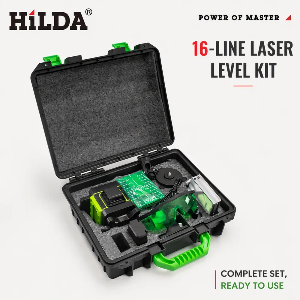 HILDA 12/16 Linien Laser-Nivelliergerät 360° Selbstnivellierendes Laser-Nivellier-Set Grüner Strahl Vertikal Horizontal Laser Tragbar Hohe Sichtbarkeit