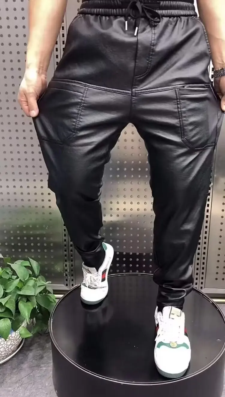 Outdoor Loose Harem Leather Pants Sweatpants Elastic Style Casual Trousers High Quality Luxury Brand Rock Style Men\' Pants