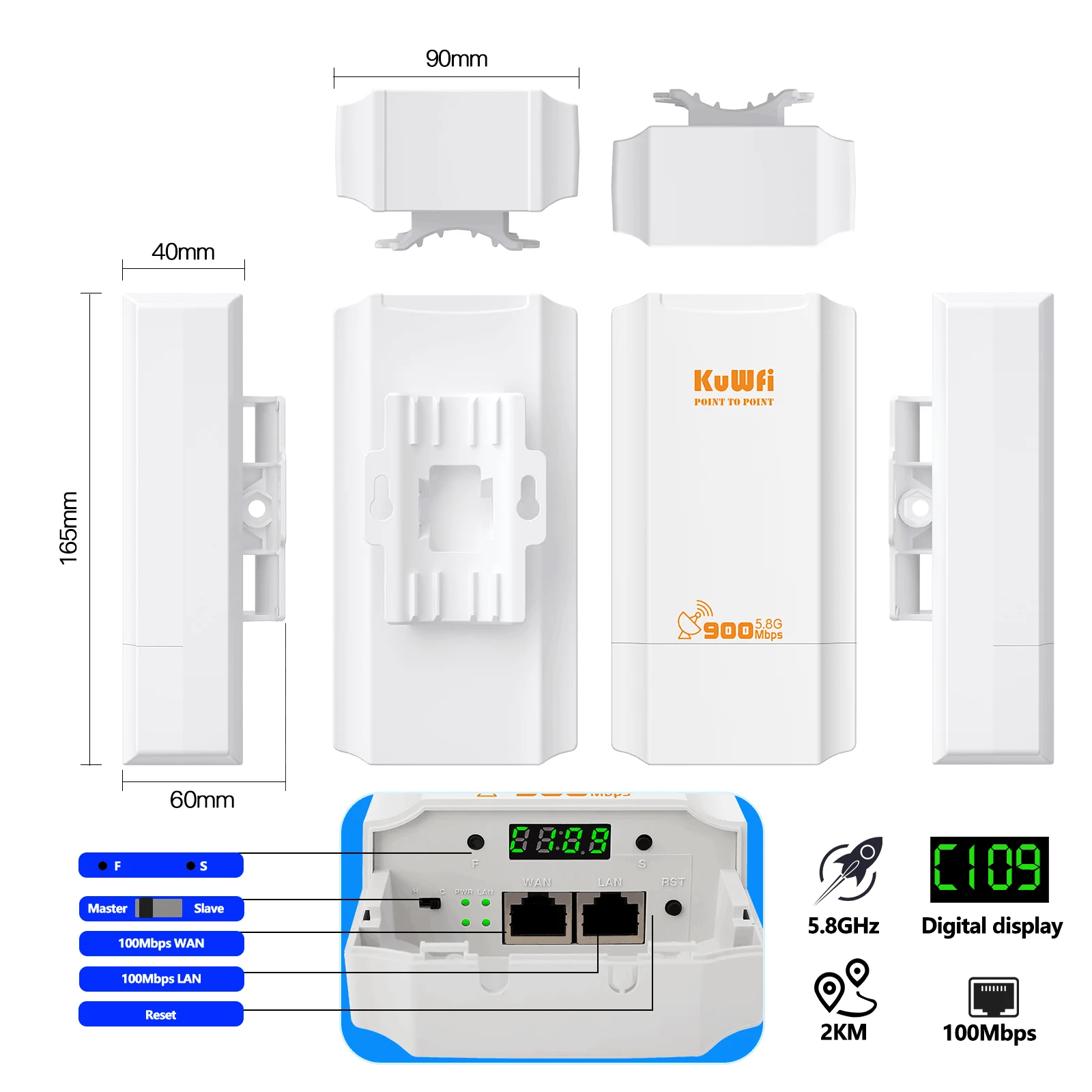 KuWFi 5.8GHz Outdoor Wi-Fi Bridge 900Mbps Wireless CPE Wi-Fi Signal Amplifier PTP PTMP Long Range Extender IP65 AP Repeater Mode