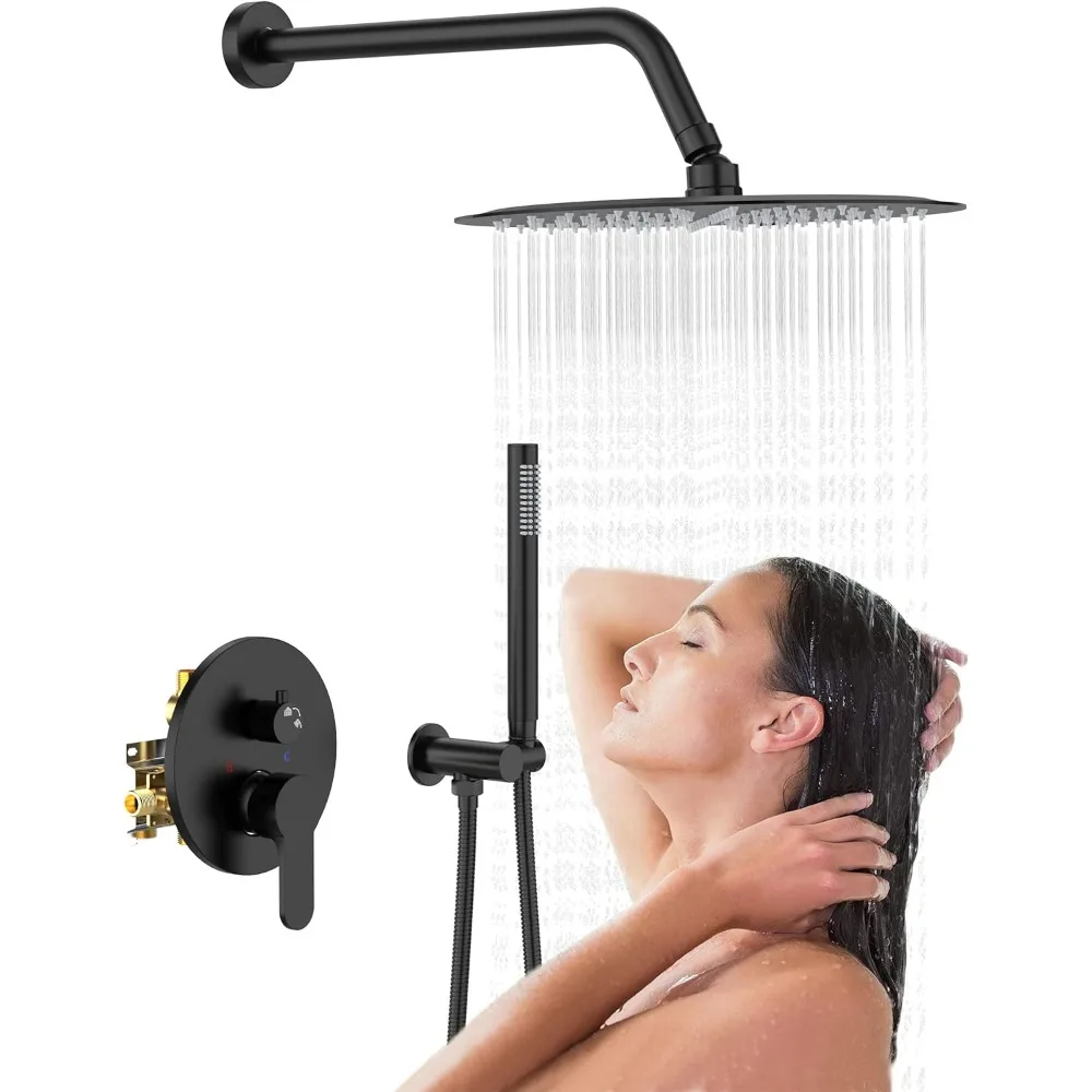 Metal Shower Faucet Sets - Overhead Rain Head Shower System with High Pressure Handheld Complete Combo and Mixer Valve Trim Kit