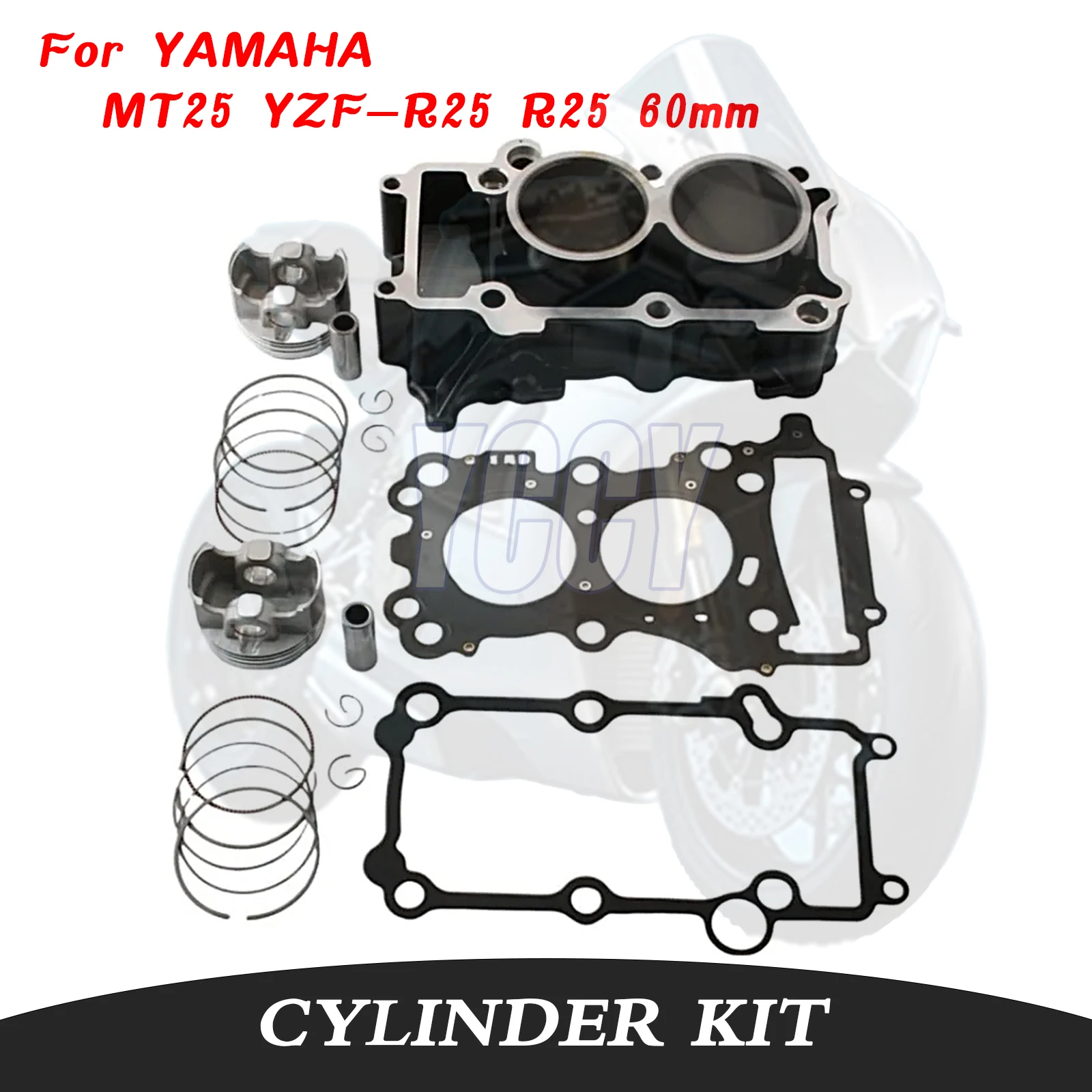 

Подходит для YAMAHA MT25 YZF-R25 R25 2015-2019 60 мм, 2 отверстия, несъемные аксессуары для мотоциклов, комплект цилиндров двигателя, поршневые кольца, прокладка