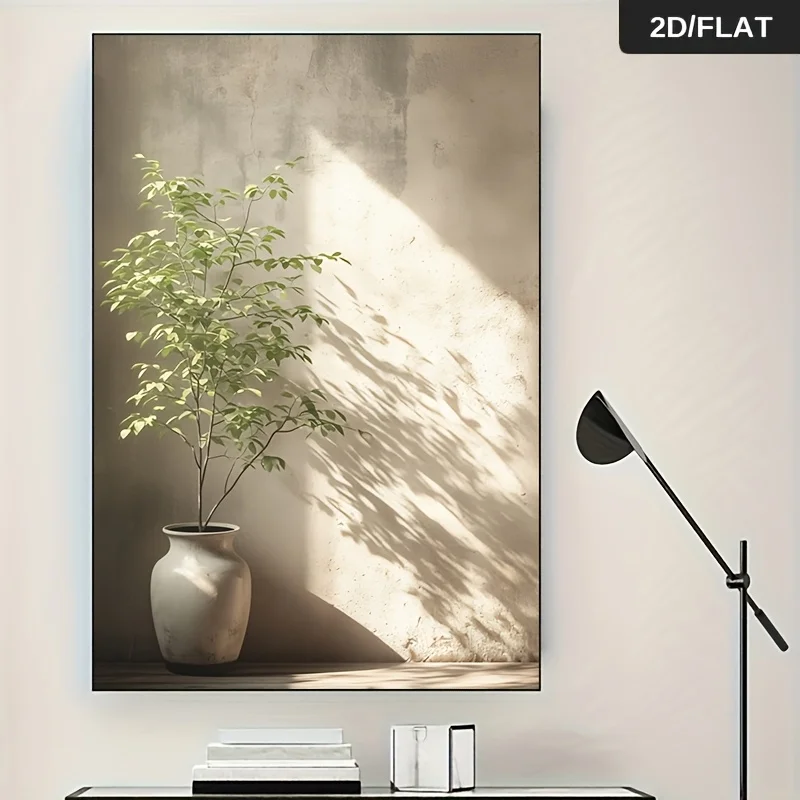 2D flaches, rahmenloses, modernes abstraktes Leinwandgemälde mit einer Vase mit Pflanzen, perfekt zur Dekoration von Wohn- und Schlafzimmern