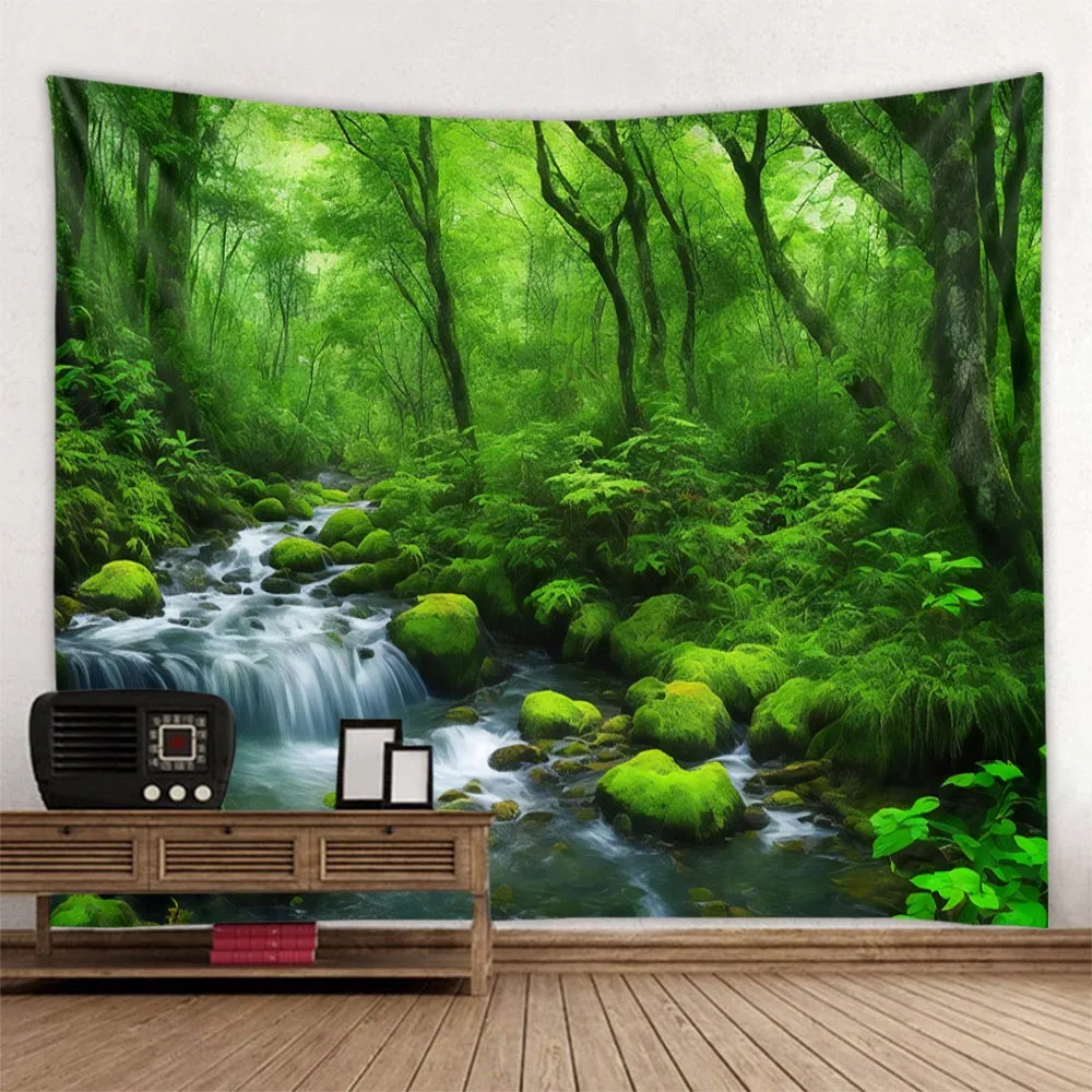 Jungle Waterfall Green Forest Printed Tapestry Wall Hanging Multi Size Natural Scenery Decor for Home And Dormitory