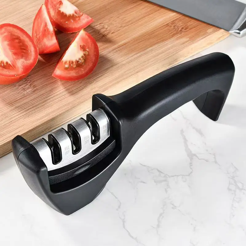

1pc Black 3 Stages Type Quick Sharpening Tool Knife Sharpener Handheld Multi Function With Non Slip Base Kitchen Knives