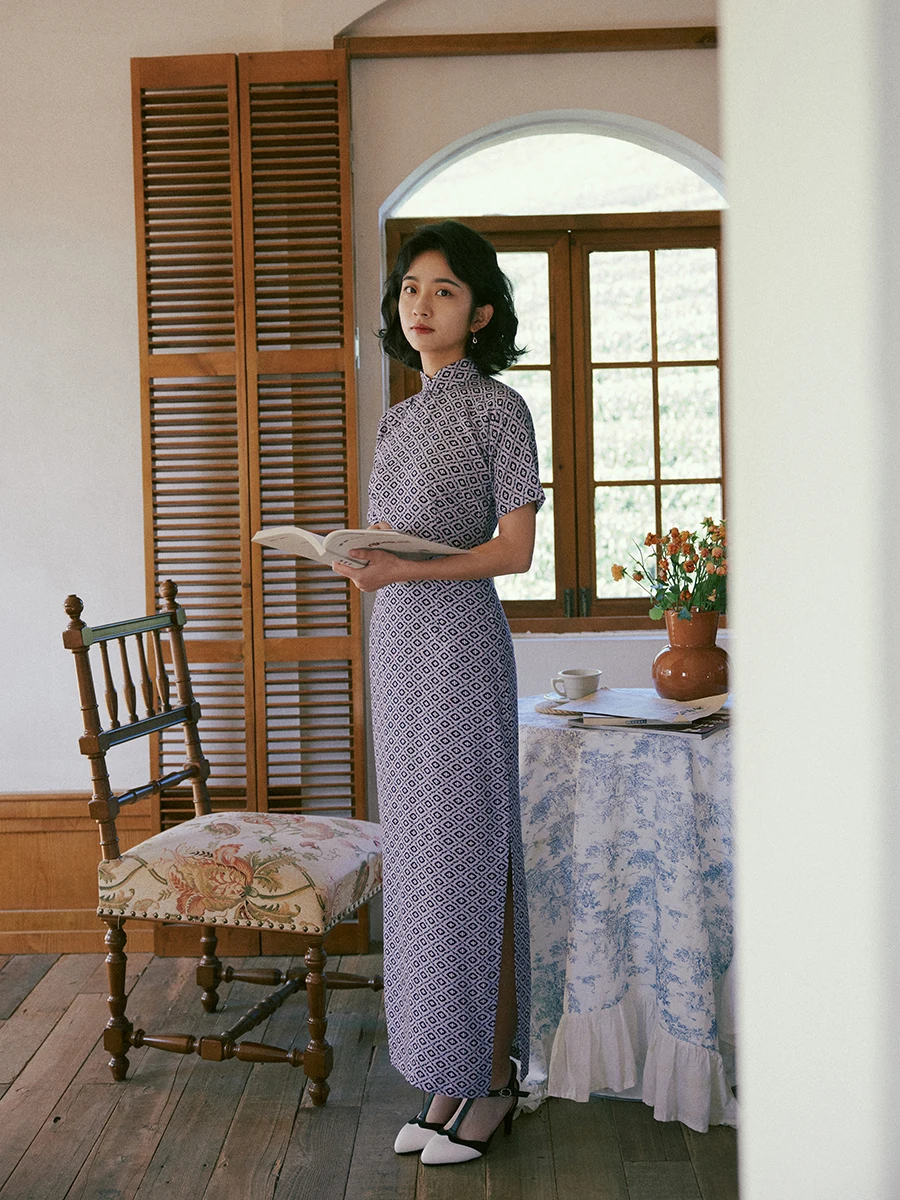 

Spring Summer Cotton Silk Tee-quarter Sve Slit Design Retro Daily Wear ort Sve Plaid Pattern
