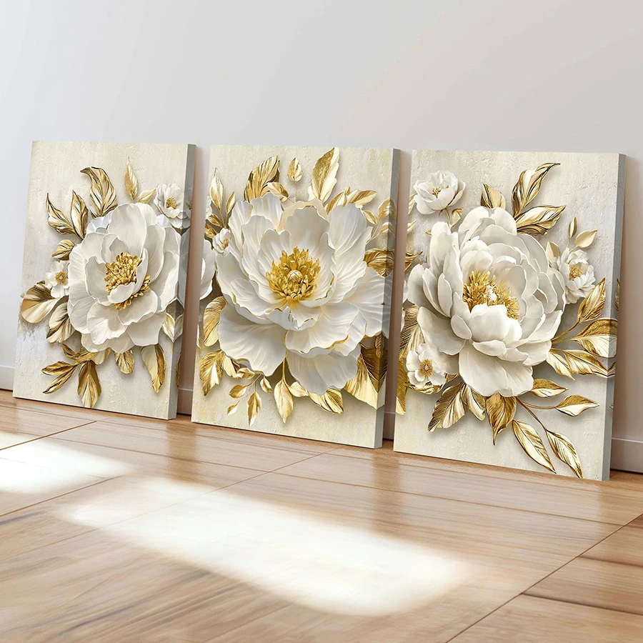 

Golden Leaves White Flowers Picture Diy Diamond Painting Triptych Full Square Round Drill Mosaic Embroidery Kits 3 Pieces/Set