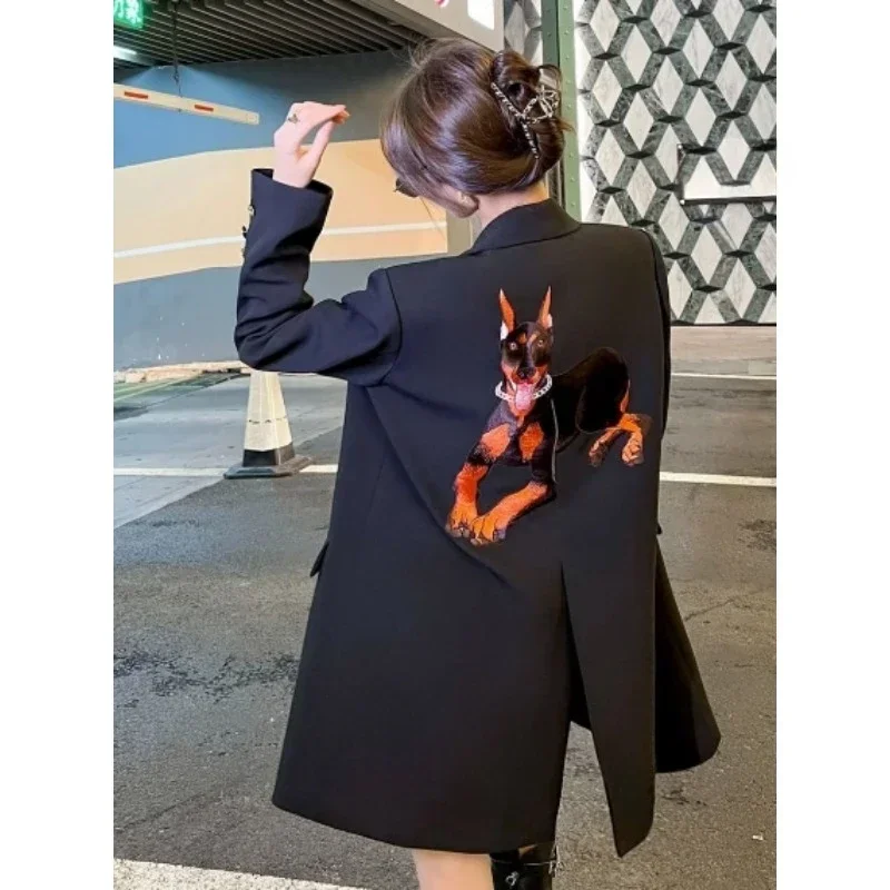 Black Embroidered Blazer Women's  Spring and  Autumn New Korean Version Loose Niche Design Casual Temperament Suit Comfortable