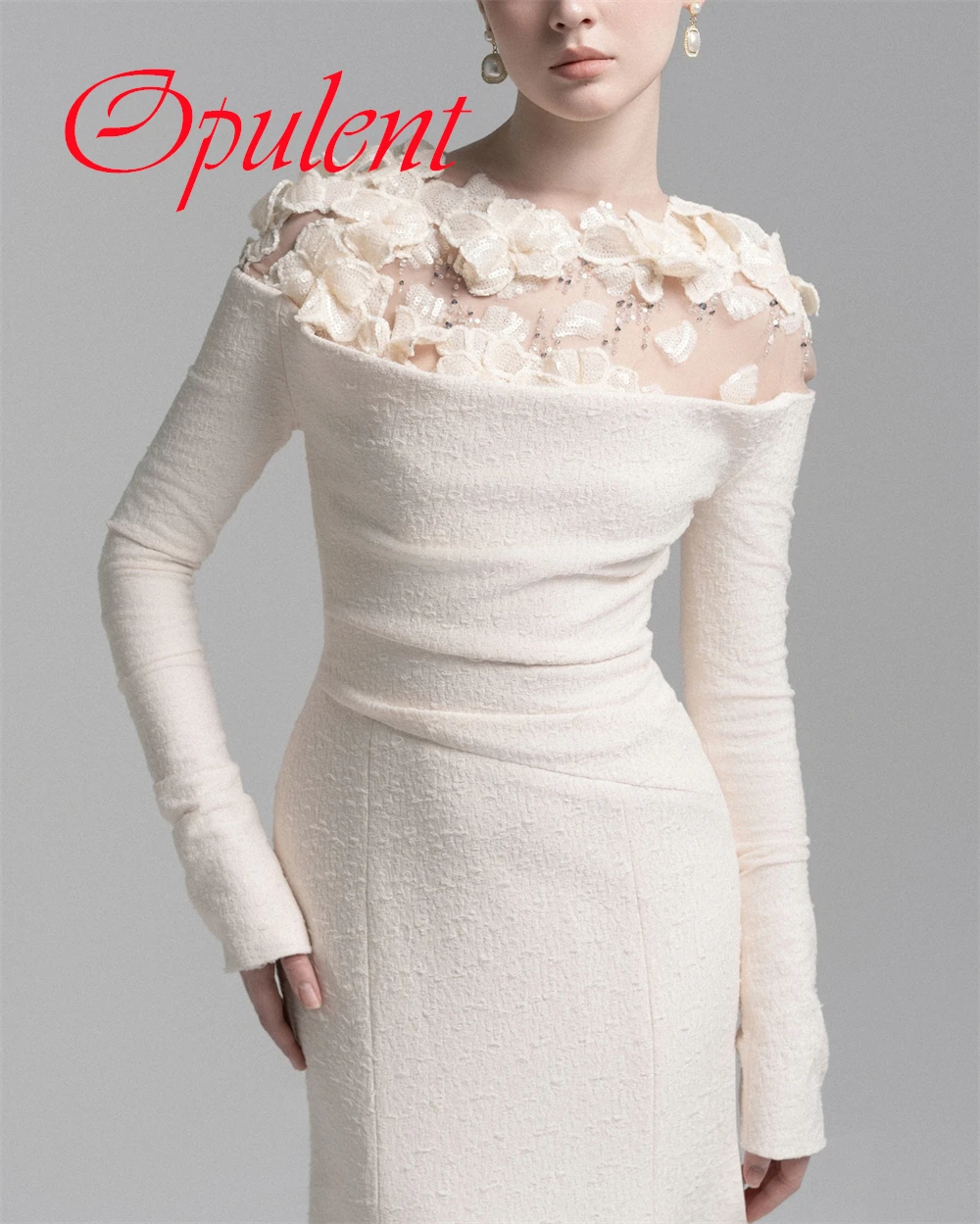 カスタマイズされた高品質の白いジャージー素材のイブニングドレス、エレガントで優雅なクルーネック、長袖のカクテルドレス、フォーマルなパーティードレス