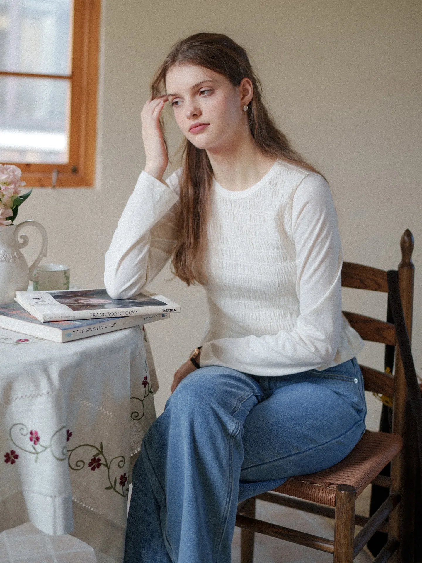 

Retro Long Velvet Cotton Wool T-irt Women's Casual Sle round Ne Long Sve Top with Skirt Design Versatile All-Match