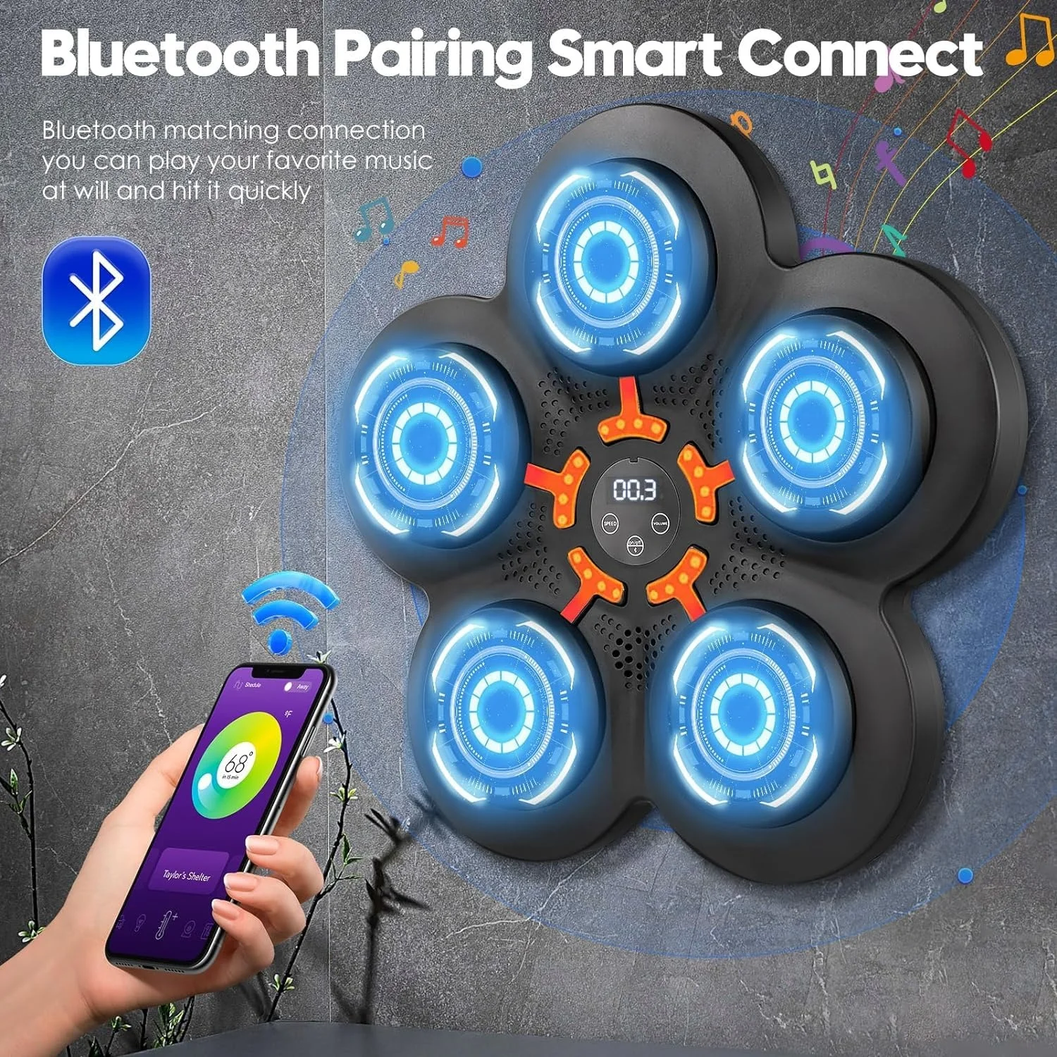 MR Smart Wall-Mounted Music Boxing Machine 9-Level Speed Adjustment LED Light Dummy One Punch Boxing Trainer