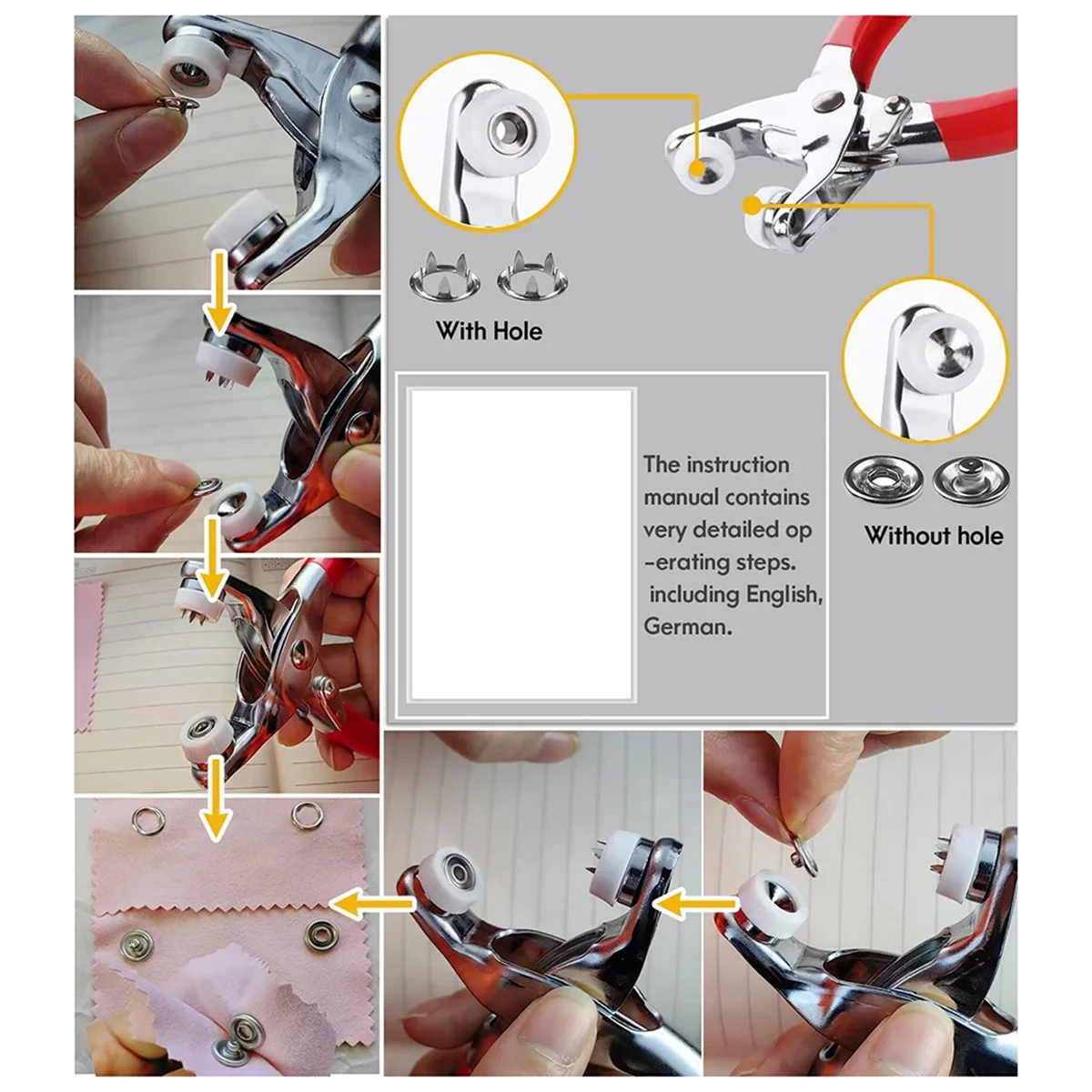 مجموعة أدوات التثبيت المفاجئة ABXHH، 200 مجموعة من القماش مقاس 9.5 مم، أزرار كبس بدون خياطة، أزرار من الفولاذ المقاوم للصدأ مع كماشة كبس