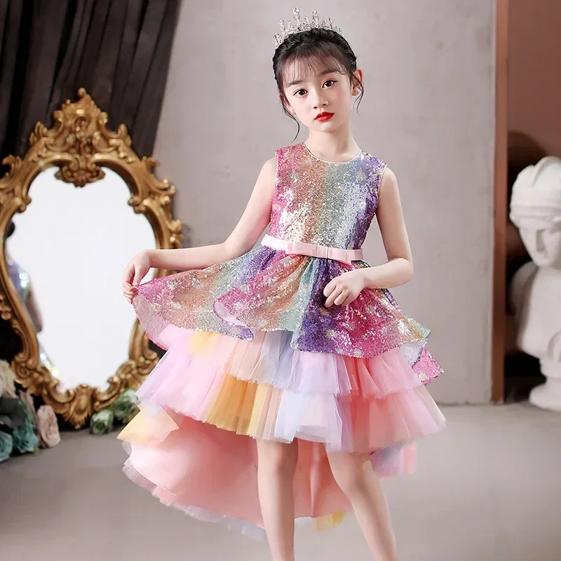 Fashion Kids Girls Sequin Dress Mesh Lace Sleeveless Girls' Princess Dress Summer Children Girl Dresses 3-12 Years