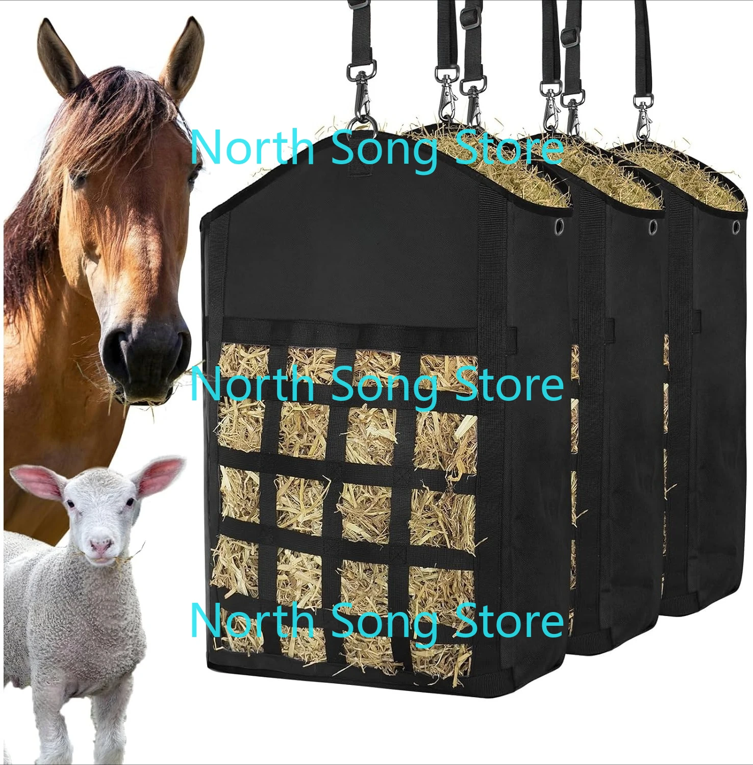 

Hay Bags for Horses,3 Packs Slow Feed Hay Bags for Goats,Sheep,Donkey,Premium Oxford Hay Feed Bags with Front Nets Design