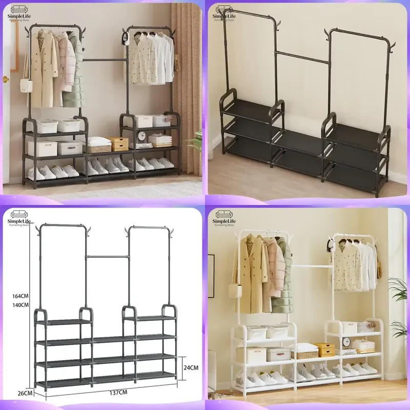 Modern Floor to Ceiling Coat Rack Wrought Iron Metal Hat Stand Multi Layer Shoe Storage Organizer for Living Room Bedroom