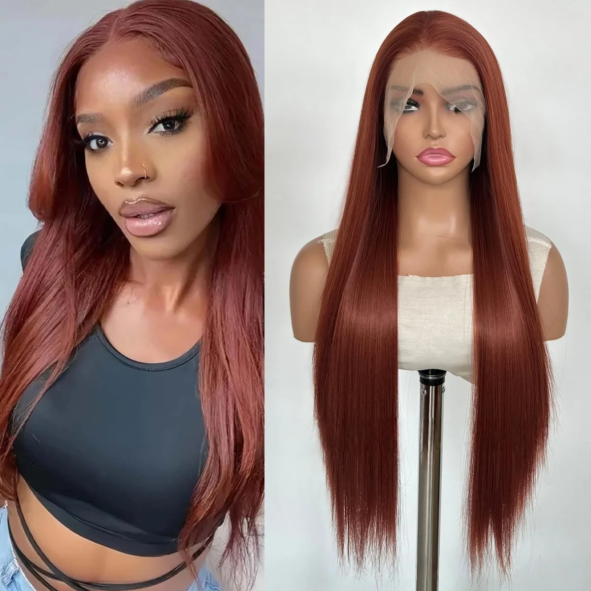 شعر مستعار بني أحمر 13*4 باروكات أمامية من الدانتيل 26 بوصة شعر مستعار طويل مستقيم لارتداء الرجل الأسود وخصلات الشعر المستعار ذات المظهر الطبيعي للحفلات التنكرية #1