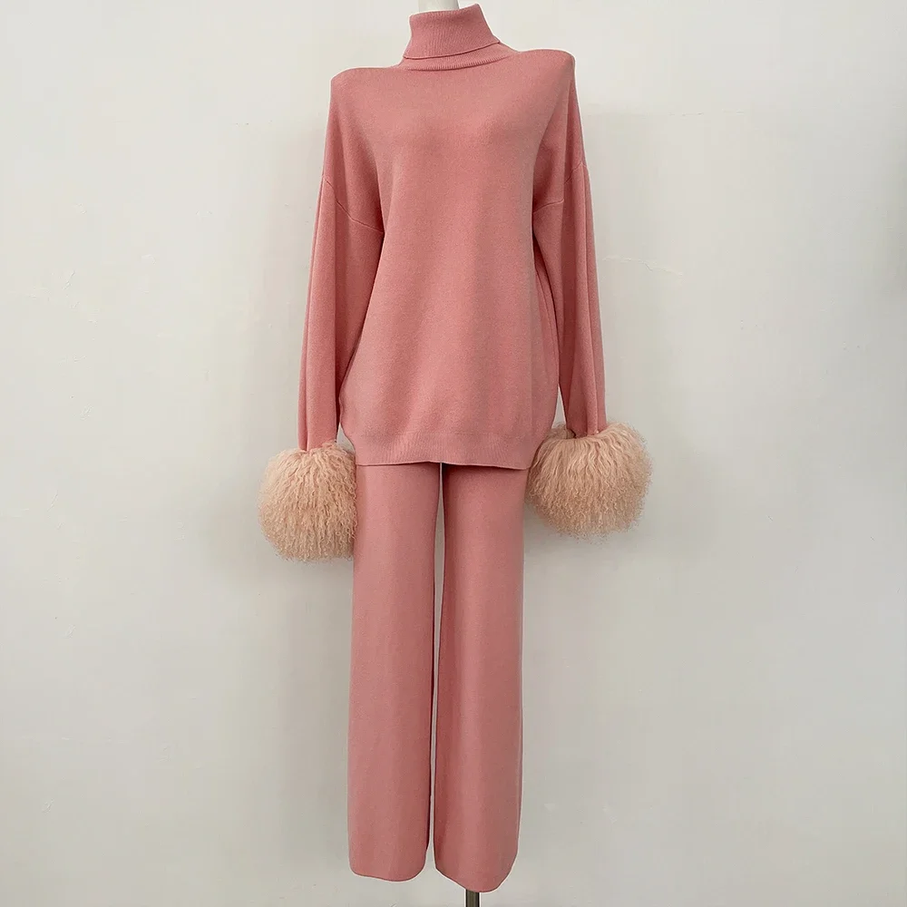 ニットウェア レディース ウール＆ブレンド ニットプルオーバー＆パンツ 本物のモンゴル産羊毛ファー袖口 セーターセット 本物の毛皮ニットスーツ 2025年新作