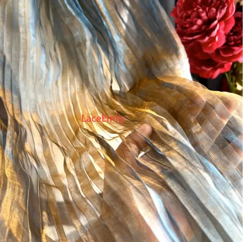 Tessuto di pizzo organza pieghettato sfumato blu Tessuto di pizzo Ombre increspato blu rosso per abito da ragazza Abito tutu Abito da sposa Abito da sposa