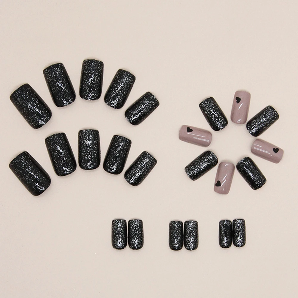 ARTAUG 24PCS Medium square black press on nails glitter powder nails nail charms cheap nails candy color cute summer nails