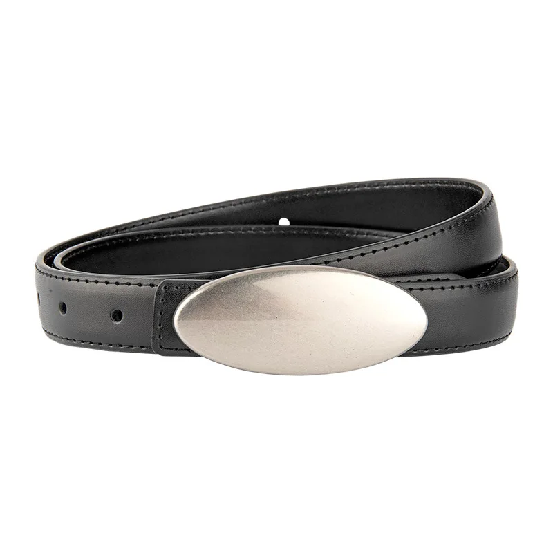 Women's Fashion Oval Sliver Color Alloy Buckle Genuine Leather Waist-Cinching Belt Female Cummerbund Coat Waistband Narrow Belts