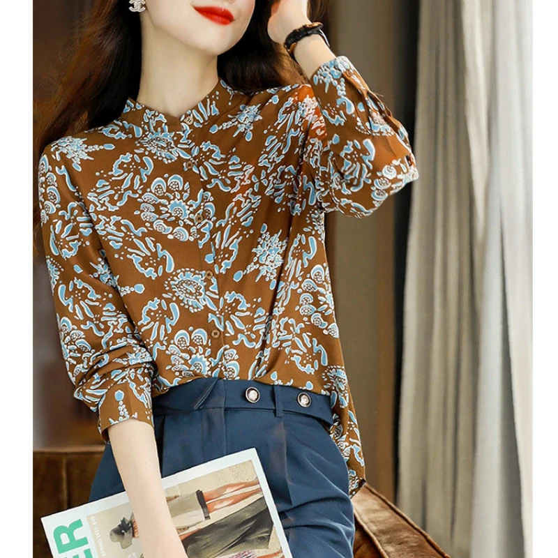 Spring Autumn New Fashion Stand Collar Long Sleeve Printing Blouses Women\'s Clothing Loose Western Style All-match Trend Shirts