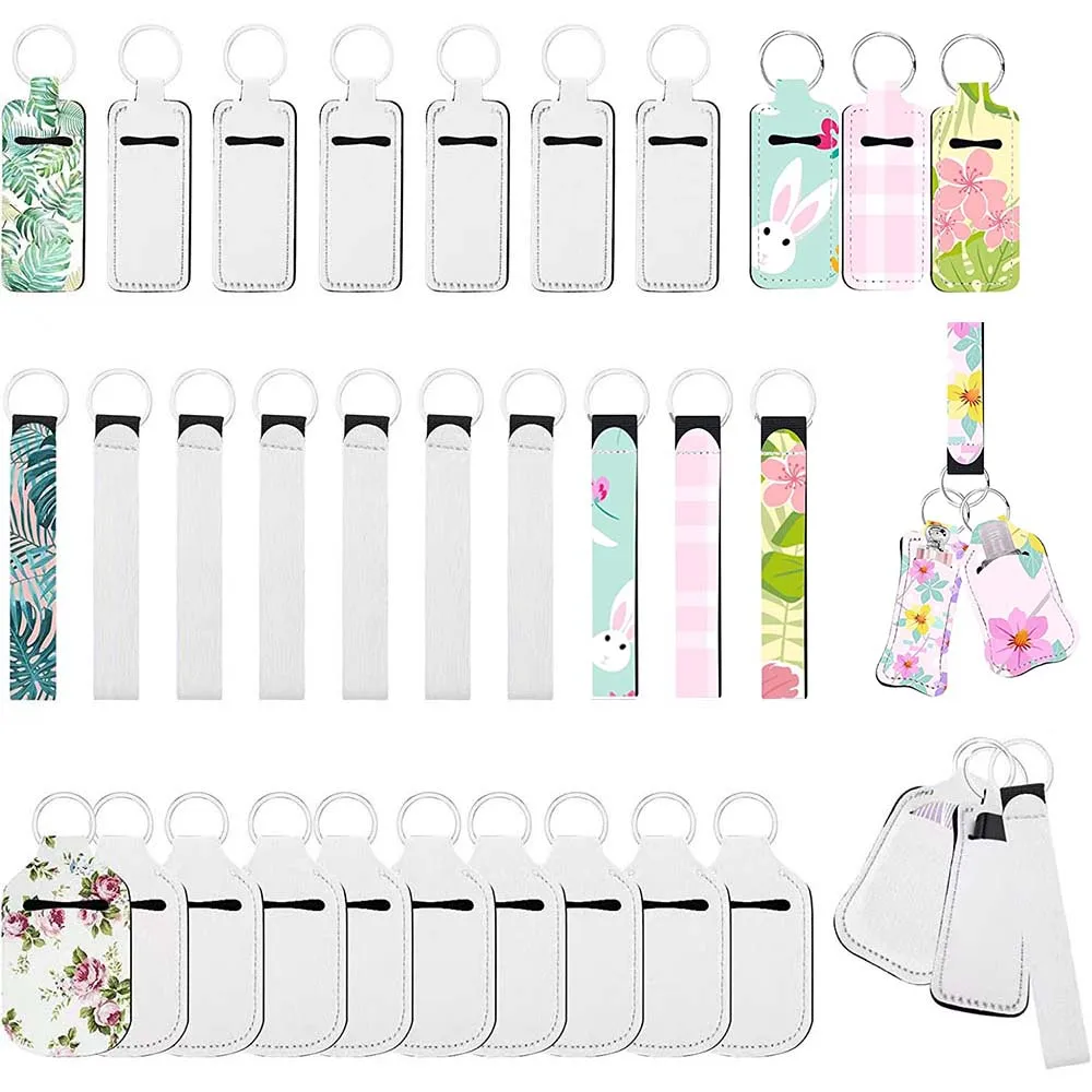 30pcs Sublimation Lipstick Holder Blanks Wristlet Keychain Lanyard Set Travel Bottle Keychain Holders Sublimation Wrist Keychain