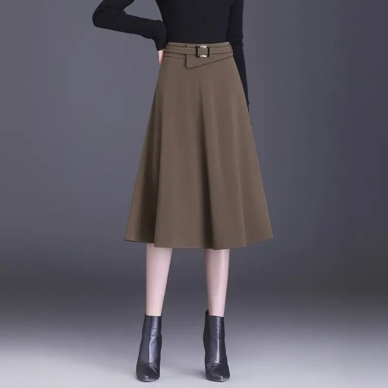 

2023 Women's Spring Autumn New High Waist Skirts Belt Female Solid Color A-line Skirts Ladies Mid-length Casual Skirts Q386