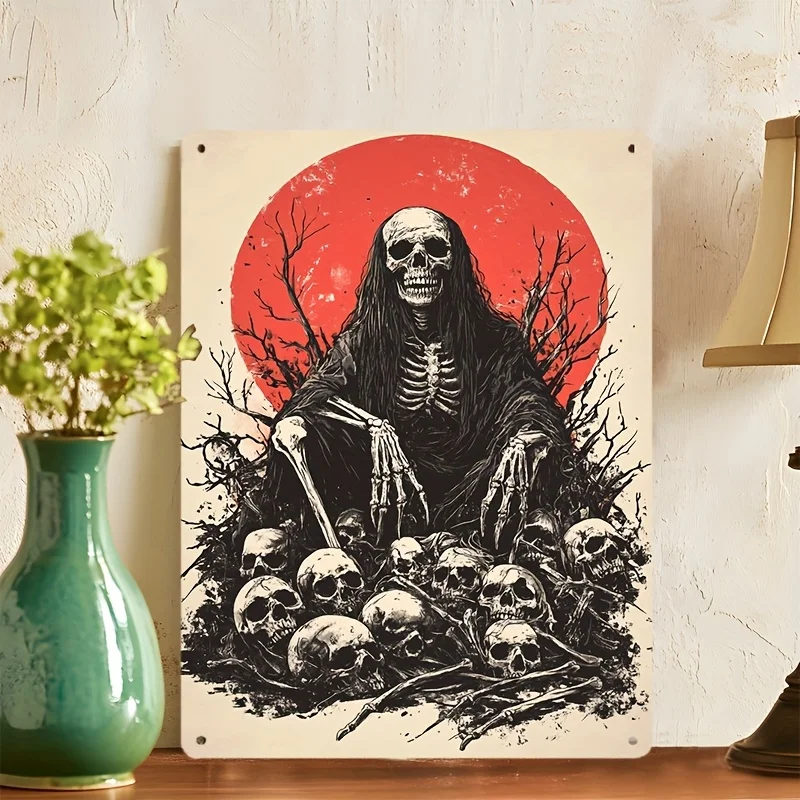 Gothic Skeleton Art Tin Sign - Eerie Red & Bare Trees Design, High-Quality Waterproof Metal Decor for Home, Bar, Garden, or