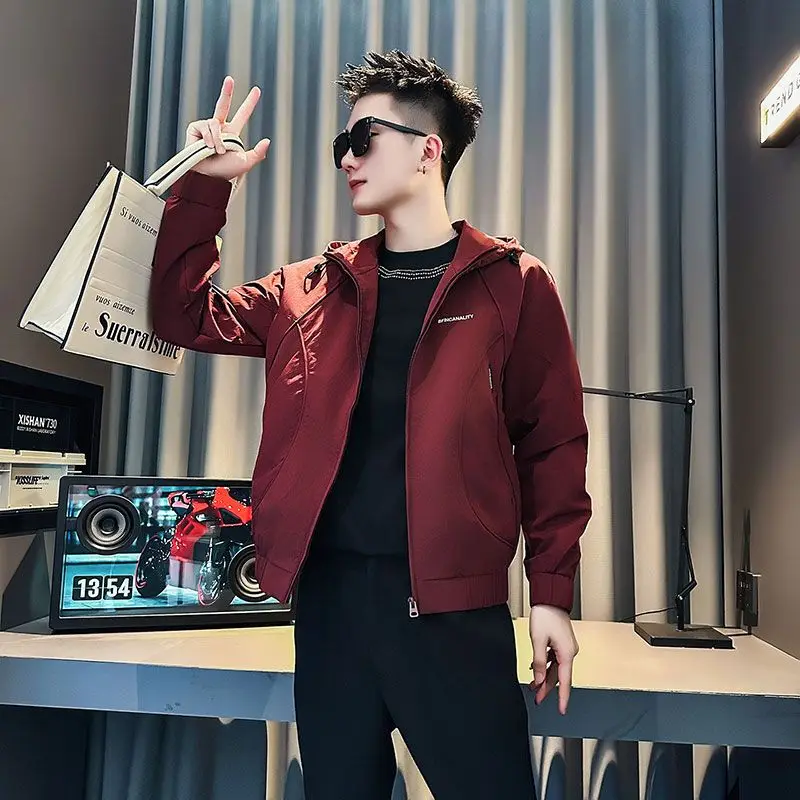 

New 2025 Men's Hooded Jaet Red Luy Year Casual Sle Long Sve Polyester Fabric Spring Autumn Winter Stand Fit Jaet
