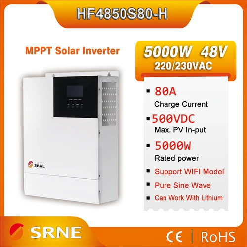 SRNE 하이브리드 태양광 인버터, 순수 사인파 인버터, 내장 MPPT 80A 태양광 컨트롤러, PV 입력 최대 500Vdc, 5000W, 220V, 230VAC, 48V