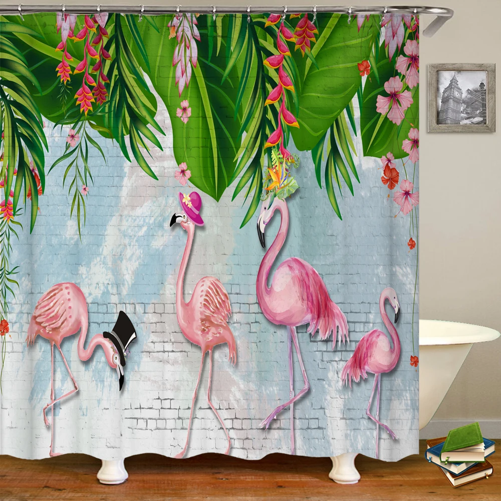 3D Nordic style plant flamingo printed shower curtain polyester flowers birds waterproof bathroom curtain with hook home decor