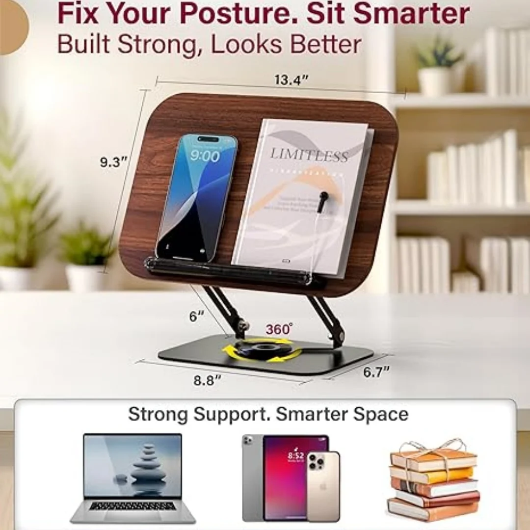 Book Stand For Reading Adjustable Book Holder With 360°Rotating Bases Magazines Stand Recipe Book Holder With Elastic Page Clips