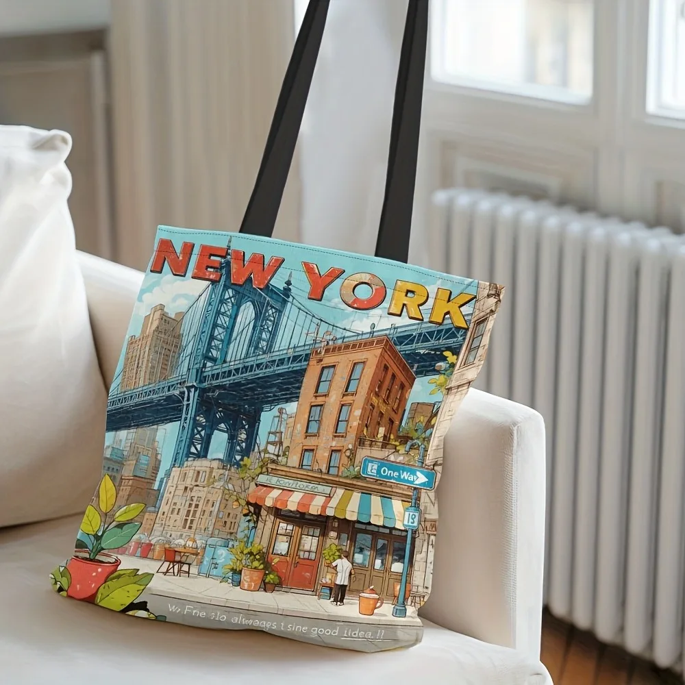 1 Stück Tragetasche, schöne New York City View bunte Cartoon-Einkaufstasche für Einkauf, Reisen, täglichen Gebrauch, Schultertasche – Detail 8