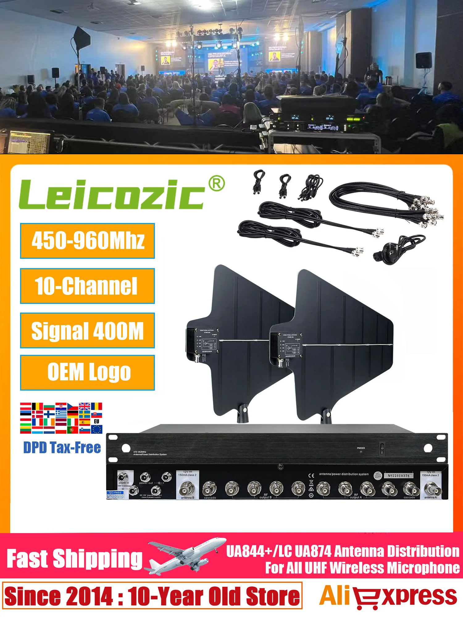 System dystrybucji antenowej UHF Leicozic UA844, rozdzielacz sygnału RF do wszystkich mikrofonów bezprzewodowych 460-950MHz, audio sceniczne. — zdjęcie produktu 7