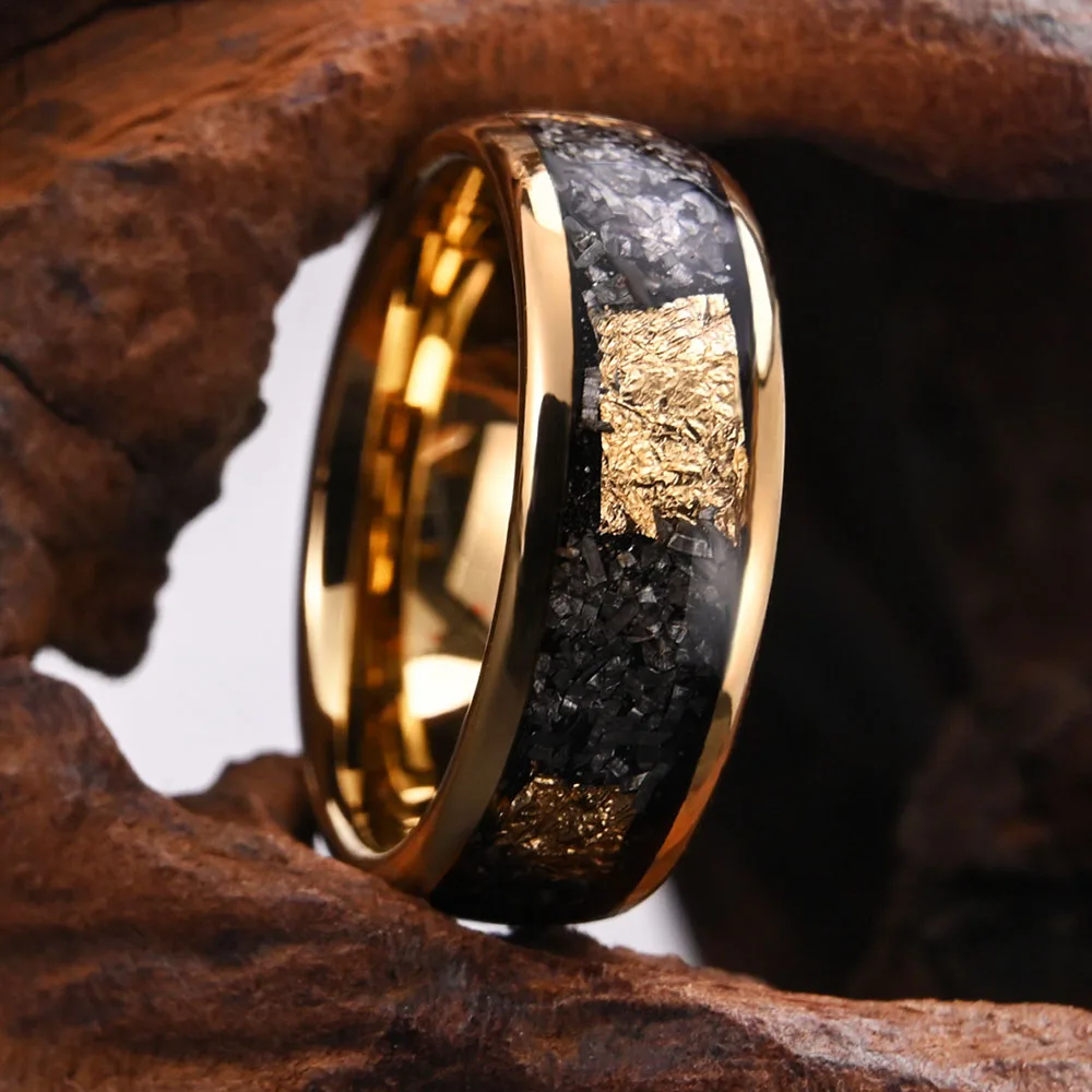 Men's 8mm black/gold tungsten carbide wedding ring with nebula galaxy wedding commitment gold foil inlaid genuine meteorite ring