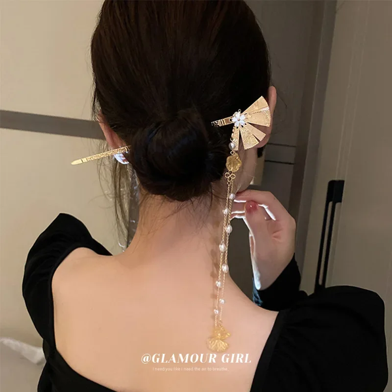 

Chinese style fan flower pearl tassel hairpin Guo Chao fashion design Hair hairpin Cheongsam Hanfu senior sense hair accessories