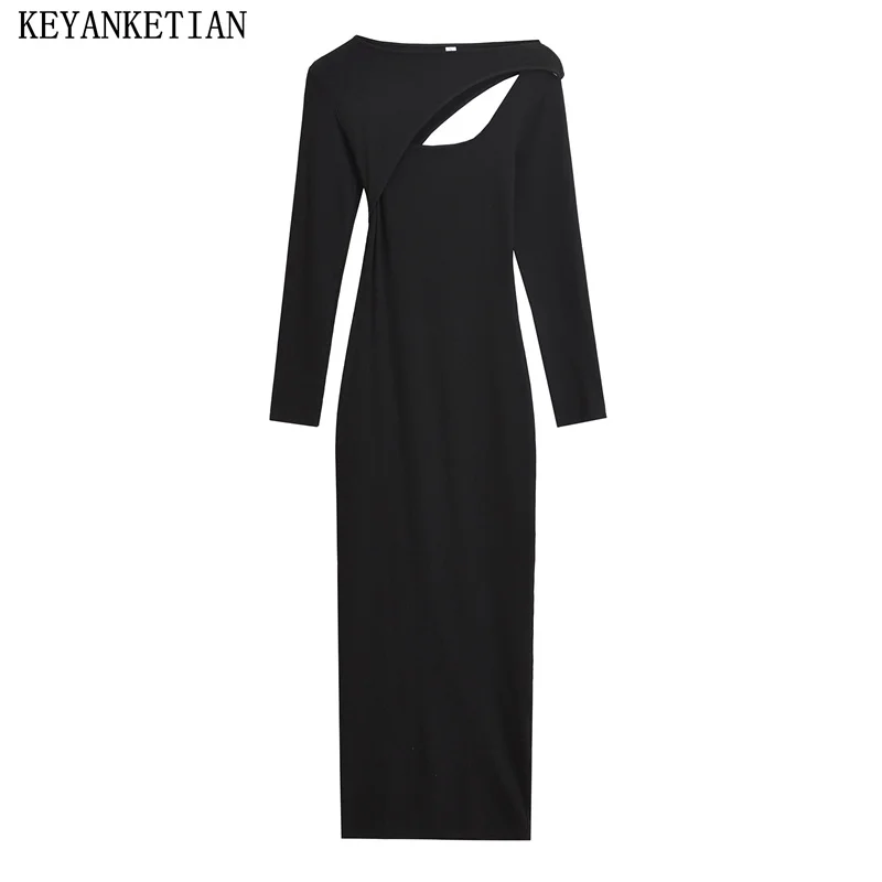 

KEYANKETIAN 2024 New Launch Women's Open Design Asymmetrical Hollow Dress Fashion Simply Slim Black Elegant Knit Formal Dress