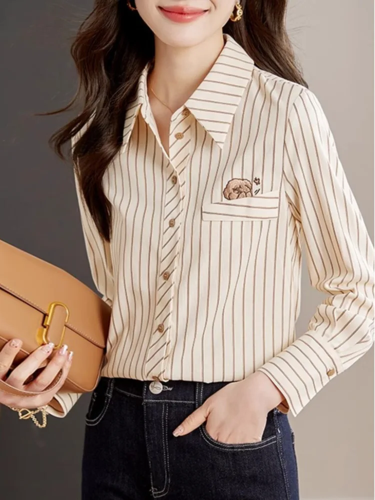 #3258 Striped Shirts Long Sleeve Embroidery Office Shirts Women Single Breasted Womens Tops And Blouses Regular Fit France Style