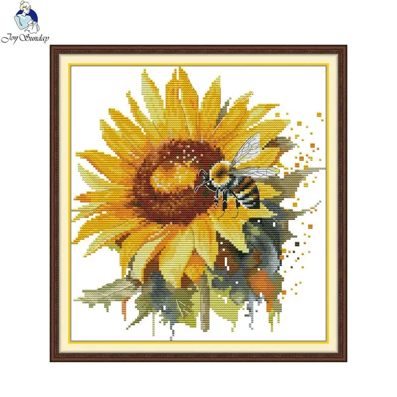 Joy Sunday Cross Stitch Sunflowers and Bees Pattern Aida 14CT 11CT Cloth Handmade Embroidered Complete Set Home Display For Wall