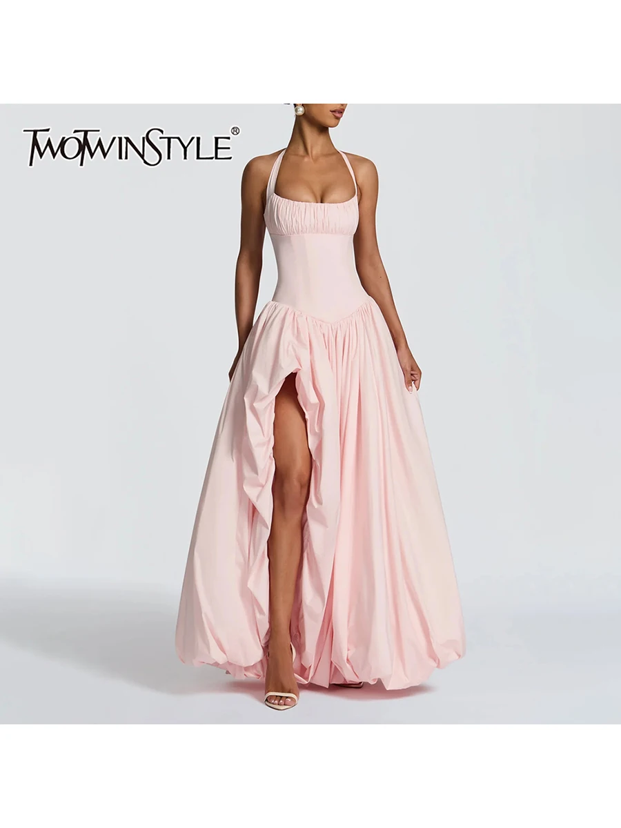 

TWOTWINSTYLE Solid Spliced Shirring Minimalist Long Dresses for Women Halter Sleevelesshigh Waist Split Irregular Dress Female