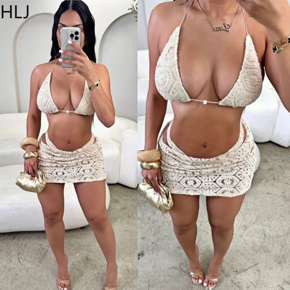 

HLJ Sexy Lace See Though Hollow 3pcs Bikinis Sets Women Deep V Halter Crop Top And Mini Skirts Outfits Summer Holiday Beachwear