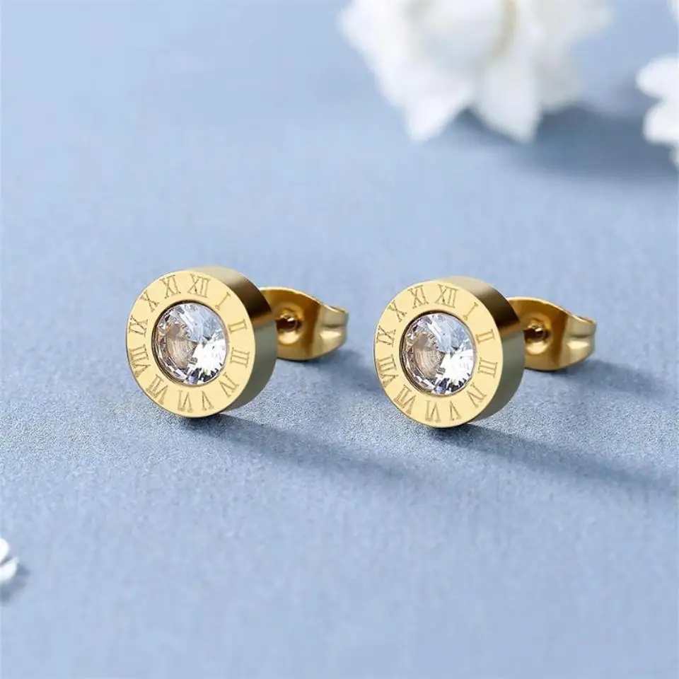 UILZ Roman Numerals Delicate Rhinestone Decor Stud Earrings For Women Classic Simple Shiny Crystal Daily Jewellery Gift