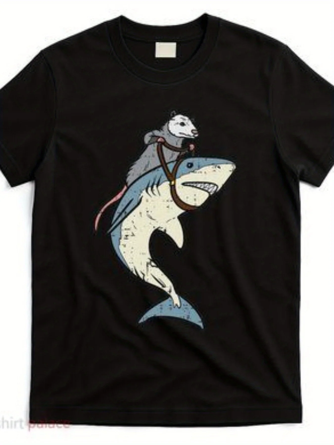 Possum Riding a Shark Graphic T-Shirt - Vintage Street Style Possum and Shark Print - Comfortable Casual Crew Neck Style, Suitable for Everyday Wear, Outdoor Activities, and All Seasons - Fun Possum-Themed Top
