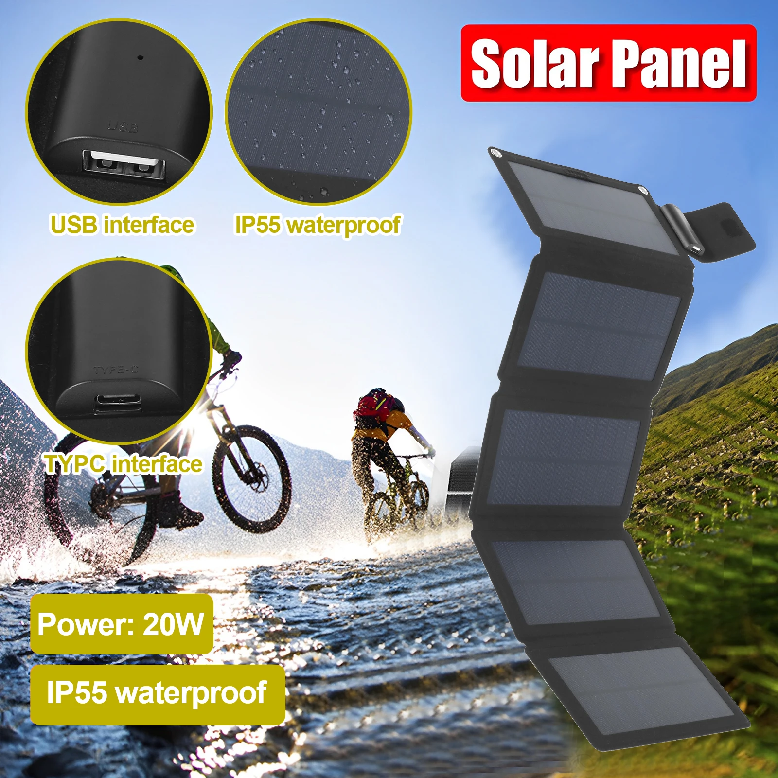 20W Folding Solar Panel Charger Waterproof Portable Solar Panel Outdoor USB TYPC Solar Power Phone Chargers for Camping