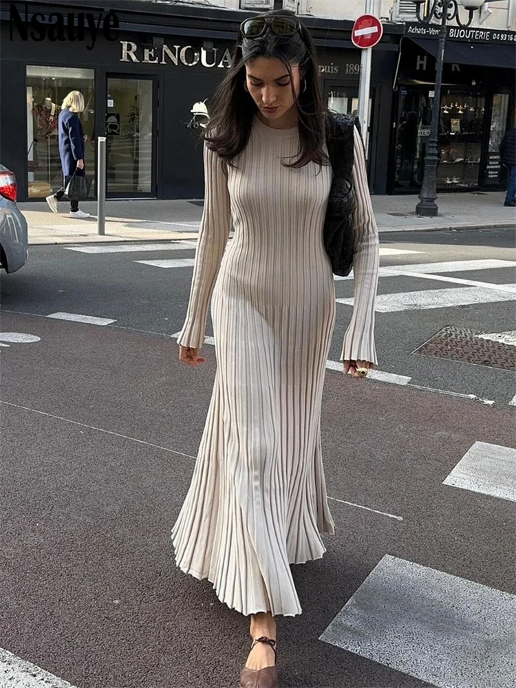 Nsauye Pullover Knitted Casual Fashion Long Sleeve Maxi Sweater Pleated Dress Winter 2024 Women Sexy Party Club Holiday Dresses