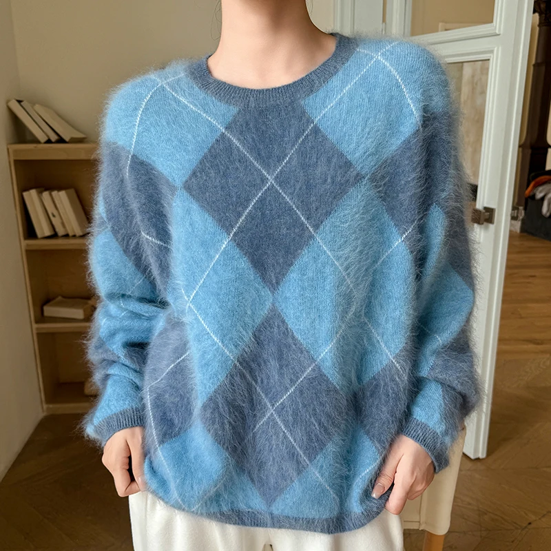 Fashion Ladies 100% Cashmere Sweater O-Neck Pullover Long Sleeve Loose Soft Warm Color Matching Blouse for Women