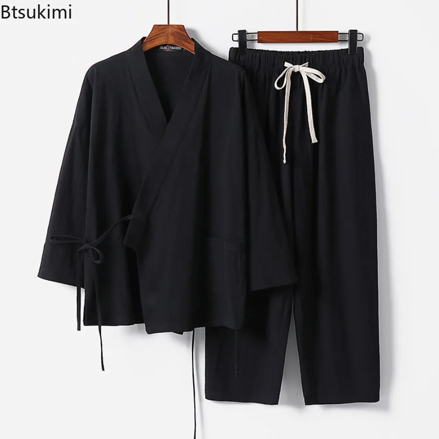 2025 Men's Summer Cotton Linen Two Pieces Chinese Style Lace Up Kimono Tops+Pants Casual Suit Male Vintage Hanfu Tang Suit M-9XL