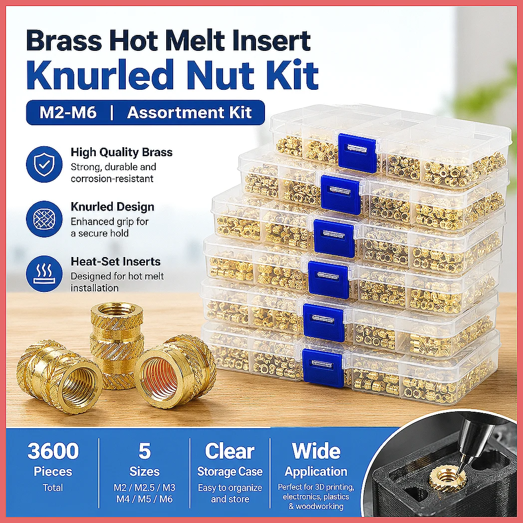 Brass Insert Nut Set M2 M2.5 M3 M4 M5 M6, Hot Melt Knurled Thread, Double Twill Injection Embedment Copper Nuts for 3D Printi