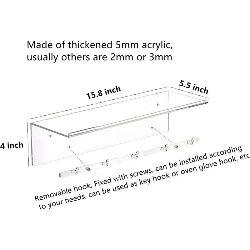 Clear Floating Shelves Display LED,2 PCS Decorative Wall Storage Shelves With Detachable Towel Hooks